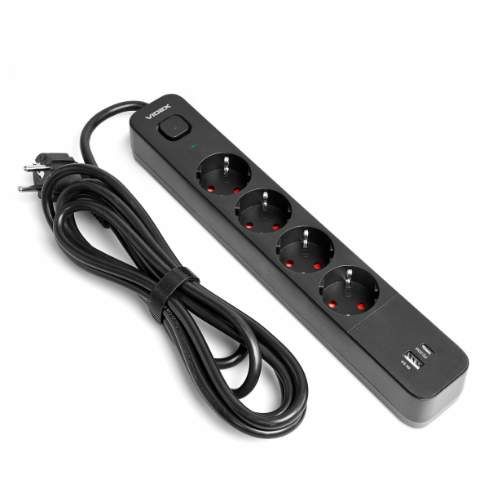 Мережевий подовжувач із заземленням 4 розетки/1USB-A/1Type-C 3м з кнопкою чорний VF-PD43G1QC1PD-B Oncord Videx (1753652)
