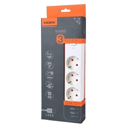Мережевий подовжувач із заземленням 3 розетки/2USB-A/1Type-C 3м з кнопкою білий VF-PD33G2U1C-W Oncord Videx (1753653)