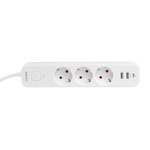 Мережевий подовжувач із заземленням 3 розетки/2USB-A/1Type-C 3м з кнопкою білий VF-PD33G2U1C-W Oncord Videx (1753653)
