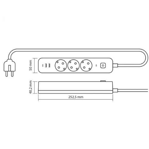 Мережевий подовжувач із заземленням 3 розетки/2USB-A/1Type-C 3м з кнопкою білий VF-PD33G2U1C-W Oncord Videx (1753653)
