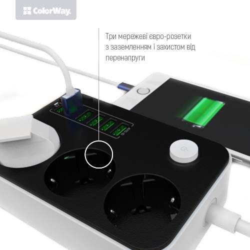 Фільтр мережевий 3 розетки/6USB 1,8 м чорний CW-CHE36B ColorWay (1754027)