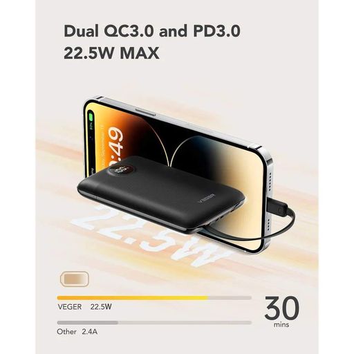 Внешний аккумулятор VEGER 10000 mAh with built-in cables Type C / Lightning PD QC3.0 2A 22,5W C11 (W1170) black (1756048)