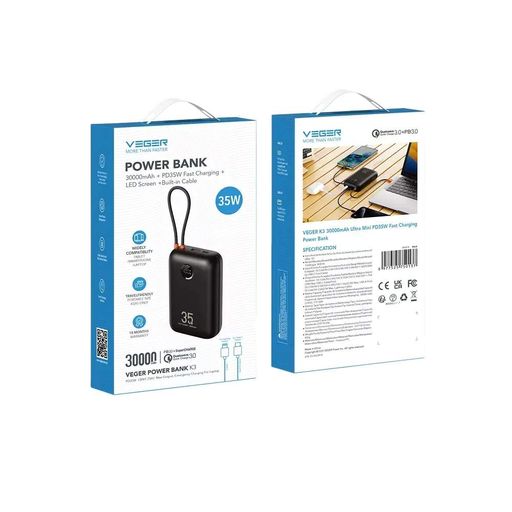 Зовнішній акумулятор VEGER Built-In 2 cables Ultra Mini 30000mAh (1756071)