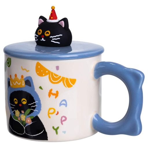 Чашка фарфоровая с крышкой Kitten's Birthday 400 (мл) подарочная кружка прикольная чашка для детей на подарок Синий FM-24A (1791504)
