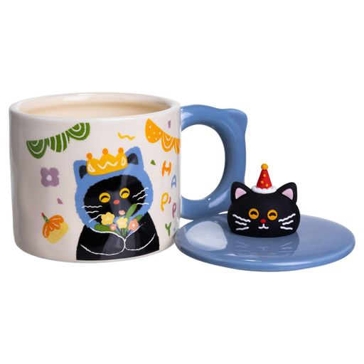 Чашка фарфоровая с крышкой Kitten's Birthday 400 (мл) подарочная кружка прикольная чашка для детей на подарок Синий FM-24A (1791504)