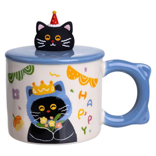 Чашка фарфоровая с крышкой Kitten's Birthday 400 (мл) подарочная кружка прикольная чашка для детей на подарок Синий FM-24A (1791504)