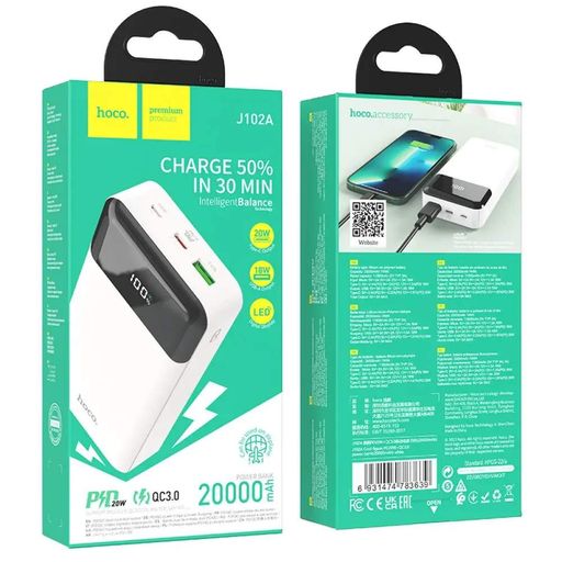 Зовнішній акумулятор HOCO J102A Cool figure PD20W+QC3.0 power bank(20000mAh) White (6931474783639) (1805668)