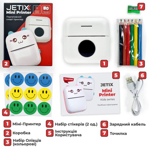 Термопринтер JETIX Mini Printer для друку зі смартфона | Дитячий принтер з набором олівців та наклейок (1810448)