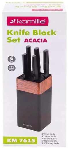 Набір 5 кухонних ножів Kamille Acacia Black з підставкою-колодою (1815408)