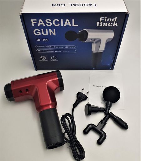 Мышечный массажер для тела ручной 220V портативный 4 насадки Fascial Gun RF-709 красный (1828251)
