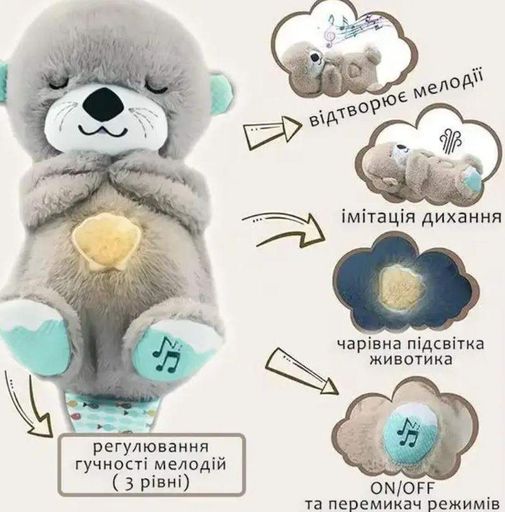 Дитяча м'яка іграшка нічник Видра обіймашка реалістично дихаюча і сопляча 3 режими 30см UKC 2118 сіра (1828682)
