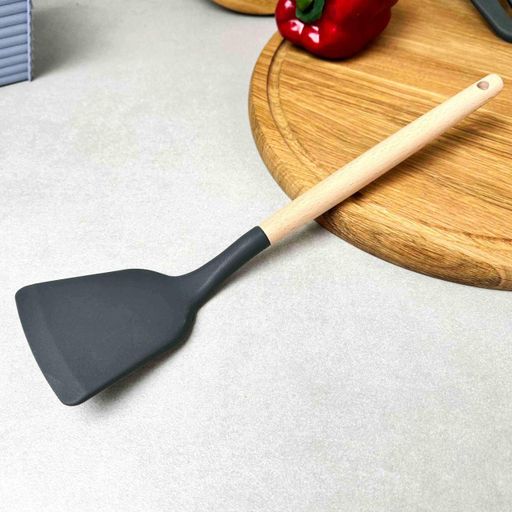 Широка силіконова лопатка для кухні з дерев'яною ручкою Сіра (1844959)
