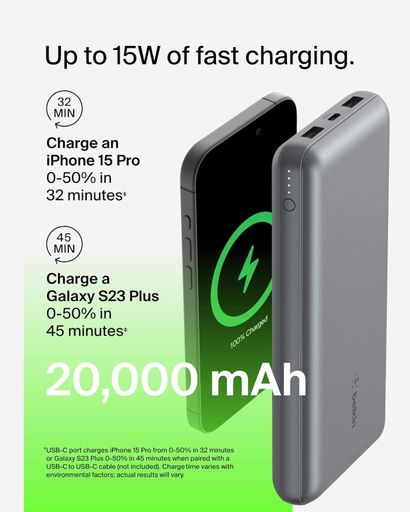 Акумулятор портативний літій-іонний Power Bank 20000мА·год, 15Вт, 2хUSB-A/USB-C, cірий Belkin CL0172230 (1853853)