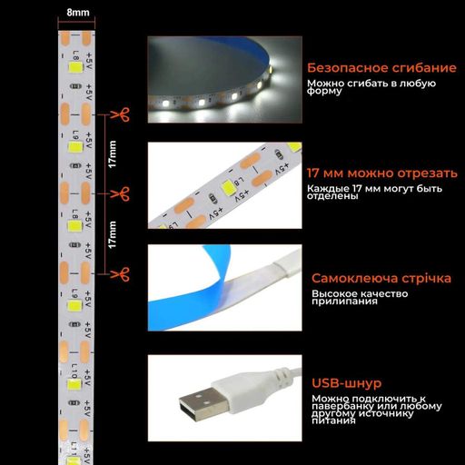 Світлодіодна стрічка від USB 1 м водонепроникна (9161_0001) (1856853)