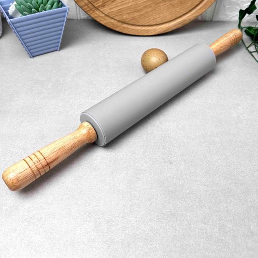 Большая силиконовая скалка для раскатки теста с деревянными ручками 42,5 см Серая (1859972)