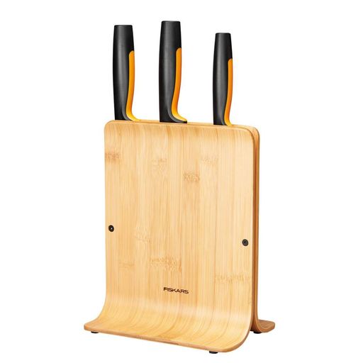 Набір кухонних ножів Fiskars Functional Form з підставкою з бамбука, 3 одиниці, нержавіюча сталь, пластик, чорний колір. (633562) (1893448)