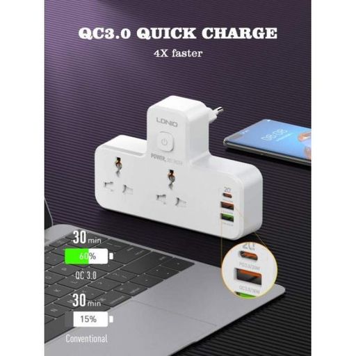 Сетевой разветвитель фильтр LDNIO SC2311 на 2 розетки 2 USB 3A + Type C (1908763)