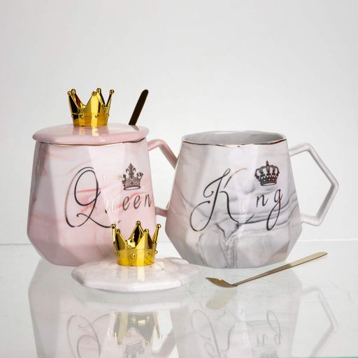 Набор парных фарфоровых чашек Queen&King 2 (шт) по 400 (мл) чашки на подарок с крышкой и ложкой FM-30 (1921091)