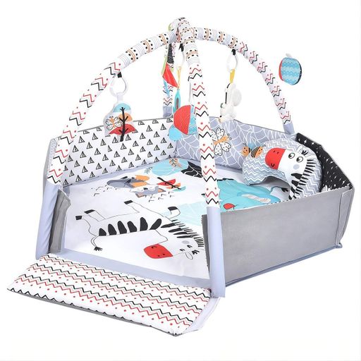 Детский игровой коврик ME 1171 Gray 2в1 — коврик-бассейн, 30 разноцветных шариков, подвесные игрушки, подушка, серый (1940622)