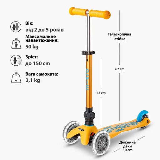 Самокат Micro серії "Mini Deluxe Foldable Led" – Абрикосовий (складаний, до 50 кг (kg), триколісний, світло) (2007199)