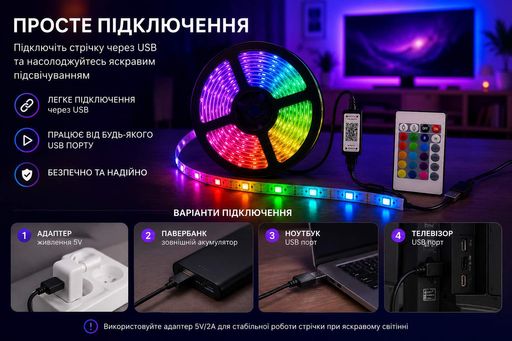 Гибкая светодиодная лента RGB USB 20м / RGB лента / USB Led лента + пульт (2007380)