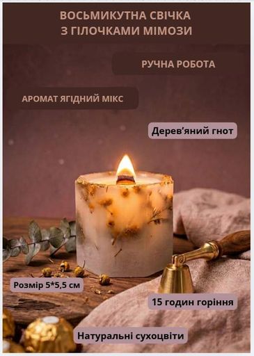 Свеча парафиновая свечка ручной работы декоративная свеча из парафина восьмиугольная с веточками мимозы 15 часов горения аромат ягодный микс (2011745)