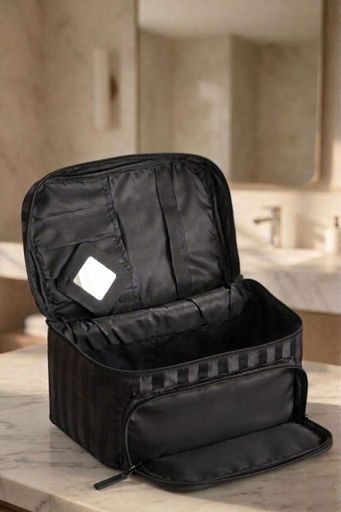 Косметичка дорожная Travel Bag Stripe ⬩ бьюти-кейс женский с зеркалом ⬩ чёрная в полоску (2013468)