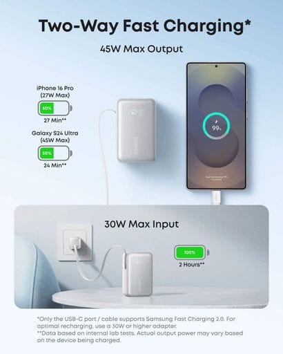 Портативное зарядное устройство Nano - 10000 mAh 45W Built-In USB-C Cable White Anker CL0183947 (2018606)