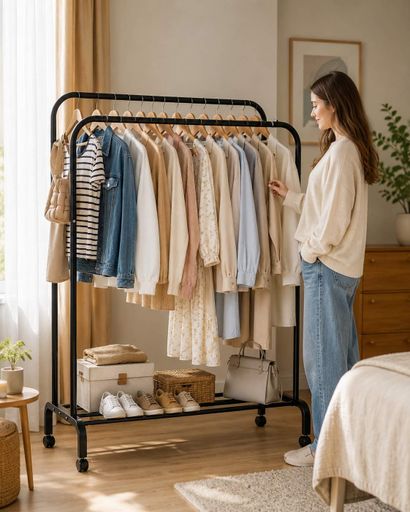 Двойная стойка для одежды и обуви Loft Rack стальная на колесиках ЧЕРНЫЙ / Вешалка двойная раскладная со стопорами и полками для обуви 150х110х57 см (2020474)