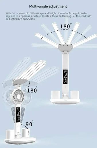 Аккумуляторная LED лампа / Настольная лампа 3в1 с аккумулятором 3200мАч и USB-дисплеем / Аккумуляторная LED лампа-органайзер с вентилятором и часами (2020654)