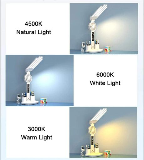 Аккумуляторная LED лампа / Настольная лампа 3в1 с аккумулятором 3200мАч и USB-дисплеем / Аккумуляторная LED лампа-органайзер с вентилятором и часами (2020654)