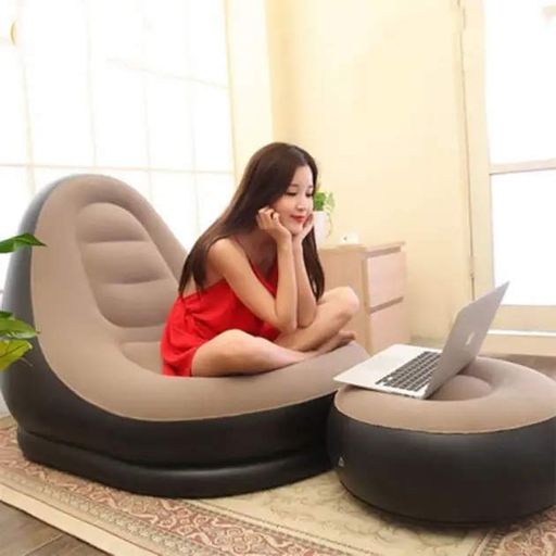 Надувной диван с пуфом Air Sofa / Надувное велюровое кресло с пуфиком+насос Бежевый (2021239)