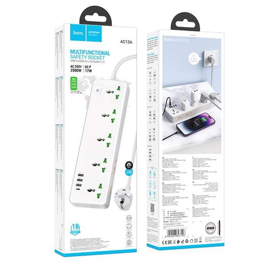 Мережевий подовжувач HOCO  AC13A Talento 5-position socket(1C3A) (1,5 m) White (2021513)