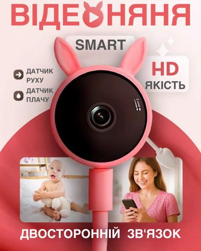 Відеоняня Baby Monitor з гнучким кріпленням і підключенням до смартфону Wifi/Bluetooth якість HD датчик звуку, руху, нічне бачення і колискові Рожева (2025079)