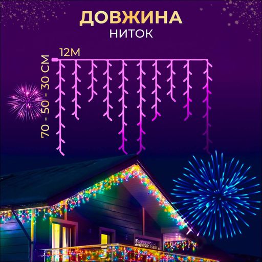 Уличная гирлянда бахрома 12 м 200 led черный провод Мультицвет 12MBML (2026152)