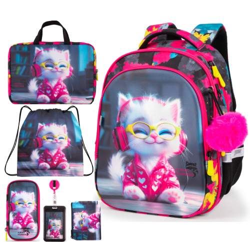 Ортопедичний шкільний рюкзак 6 в 1 для дівчинки School Standard 38х30х18 см з Котиком в 1 клас (SET 150-31) (2039376)