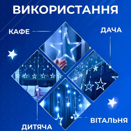 Гірлянда штора 3х0,7 м Зірки на 108 LED лампочок світлодіодна 6 великих та 6 маленьких зірок 9В 8 режимів Синій 1733054BL (2042433)