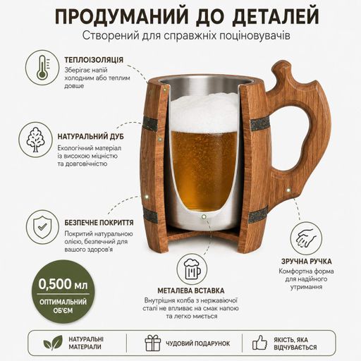 Пивний кухоль Дубовий з металом Світлий 0,5 мл. Ручна робота. (2046932)