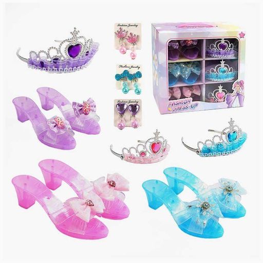 Набір прикрас для дівчат: 3 пари туфельок, 3 корони, сережки в коробці для святкового образу (2052233)