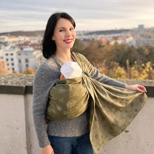 Слінг із кільцями жакардовий з бавовни оливковий Кульбабки – переноска для новонароджених і малюків 3,5–16 кг (2058722)