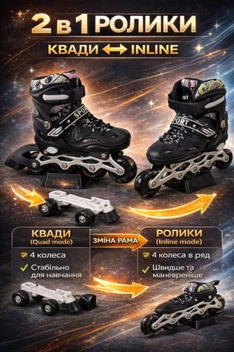Дитячі ролики квади 2в1 SPORT,Чорні з комплектом захисту, шоломом та сумкою, трансформація в ролики, регульований розмір 29–33 (2058811)