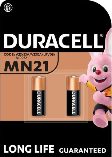 Батарейка Duracell MN21 A23 12V 2шт (D10.3×H28.5мм) — лужні елементи живлення для пультів, сигналізацій, бездротових пристроїв (2075401)