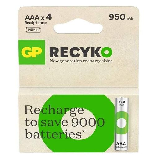Акумулятори GP ReCyko AAA (HR03) 1.2V 950mAh Ni-MH, 4 шт, 10.5×44.5 мм – перезаряджувані Ready-to-Use для техніки (2075447)