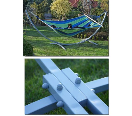 Стійка для гамака + Двомісний гамак SOFT блакитний XXL 200x140 з планками (2077033)