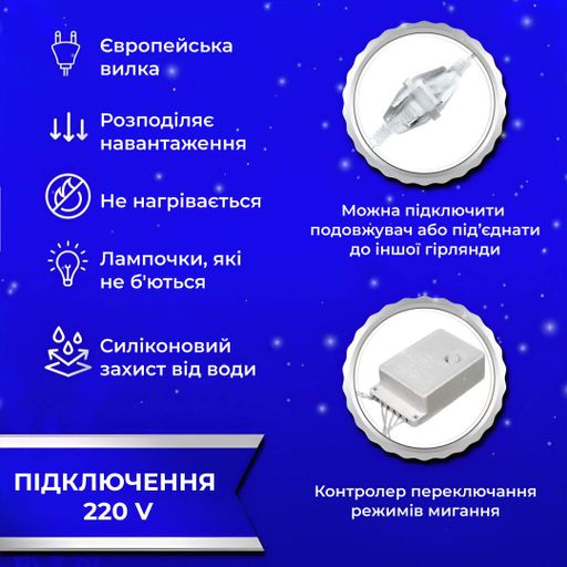 Гірлянда штора світлодіодна GarlandoPro Роса 200LED 3х2м 10 ліній 8 режимів гірлянда крапля роси Синій 173302BL (2077592)