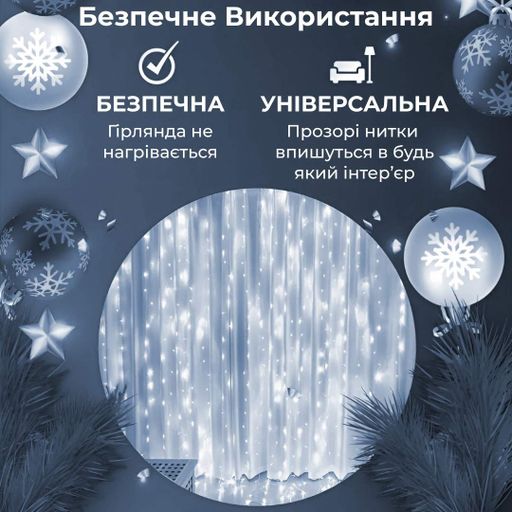 Гірлянда штора світлодіодна GarlandoPro Роса 200LED 3х2м 10 ліній 8 режимів гірлянда крапля роси Білий 173303W (2077607)