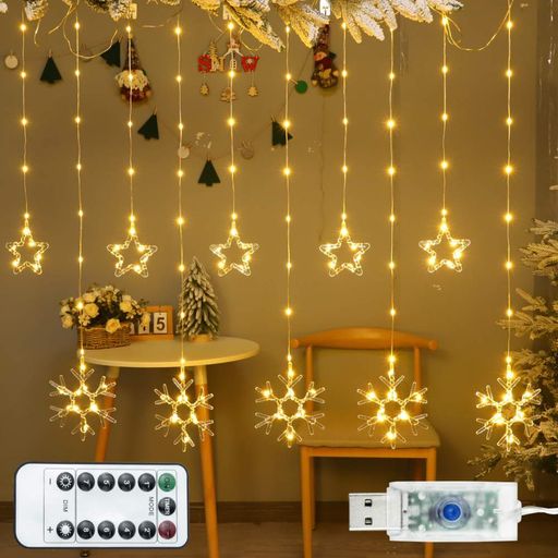 Гірлянда Штора Зірки та Сніжинки від USB, 3х0, 9м, 10 фігур, Теплий білий (2080647)