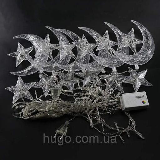 Гірлянда Штора від мережі 2,5х0,6 м, 138 LED, Різнокольоровий, Зірки та Місяць AD-50551 (2081074)
