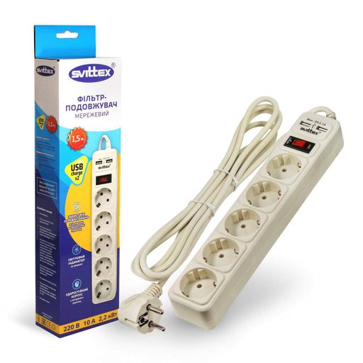 Мережевий фільтр-подовжувач Svittex 2*USB 5V 2.1A 5 розеток 2200Вт 250В 10А 1,5 м Білий (SV-022) (2083643)
