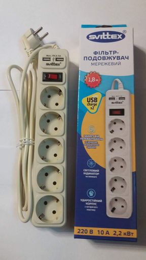 Мережевий фільтр-подовжувач Svittex 2*USB 5V 2.1A 5 розеток 2200Вт 250В 10А 1,8 м Білий (SV-023) (2083645)